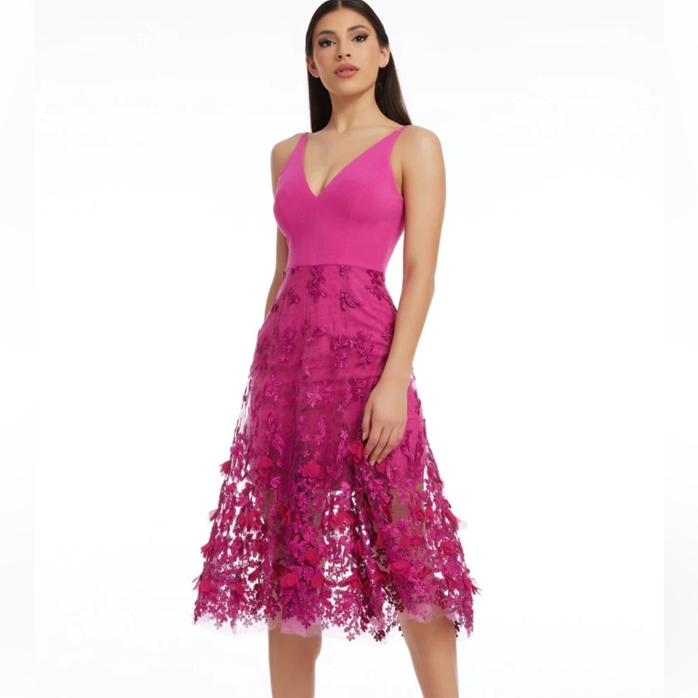 Dress the Population Magenta Lace Midi Dress